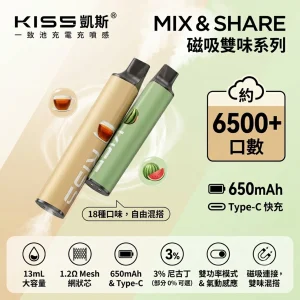 KIS5 凱斯 MIX & SHARE 磁吸雙味系列 一次性電子煙｜6500口｜13mL 磁吸混搭 雙功率切換 Type-C 可充電